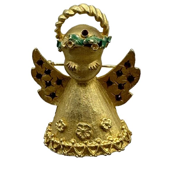 Vintage Gold Tone Angel Brooch With Red Rhinestones Accents Floral Details - Picture 2 of 9